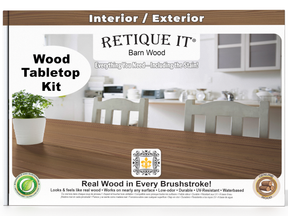 Retique It wood tabletop kit packaging with a kitchen background