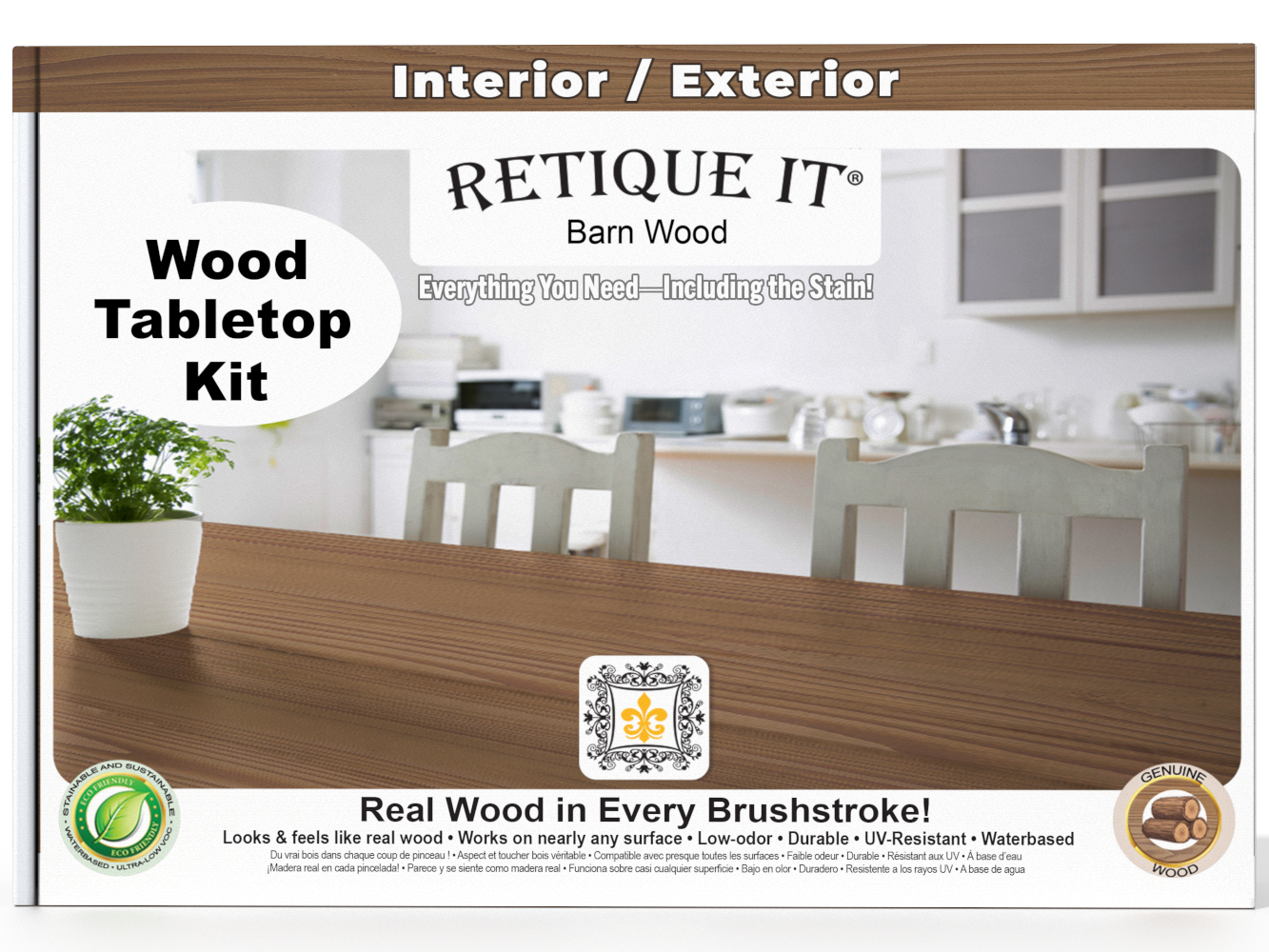 Retique It® Wood'n Finish Kit for tabletops in Barn Wood stain, includes double-sized stain set for wood finishing projects.