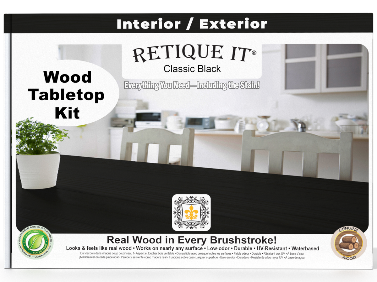 Retique It Wood Tabletop Kit packaging with a dining room scene in the background