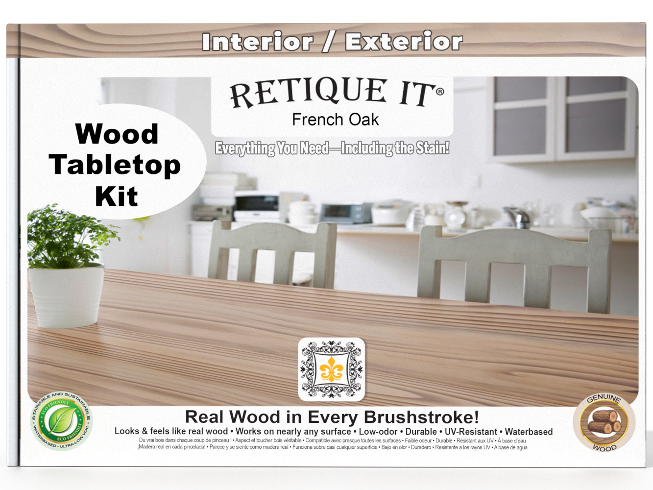 Retique It wood tabletop kit packaging with a kitchen background