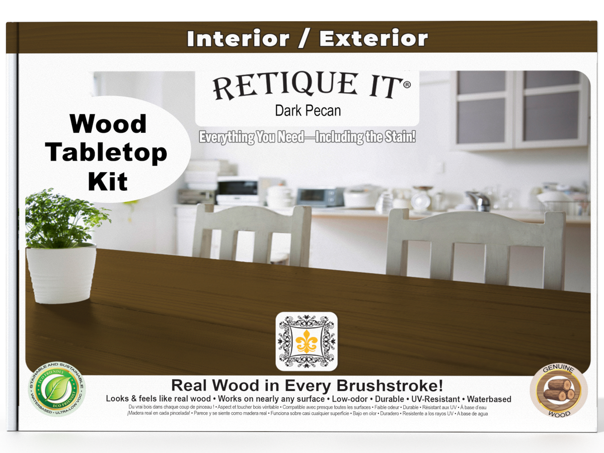 Retique It wood tabletop kit packaging with a dining room scene in the background