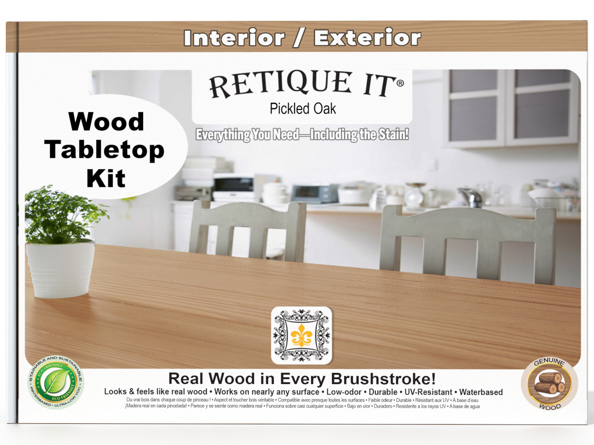 Retique It® Wood'n Finish Kit for tabletops, double size, pickled oak stain, includes stain bottles and application tools.
