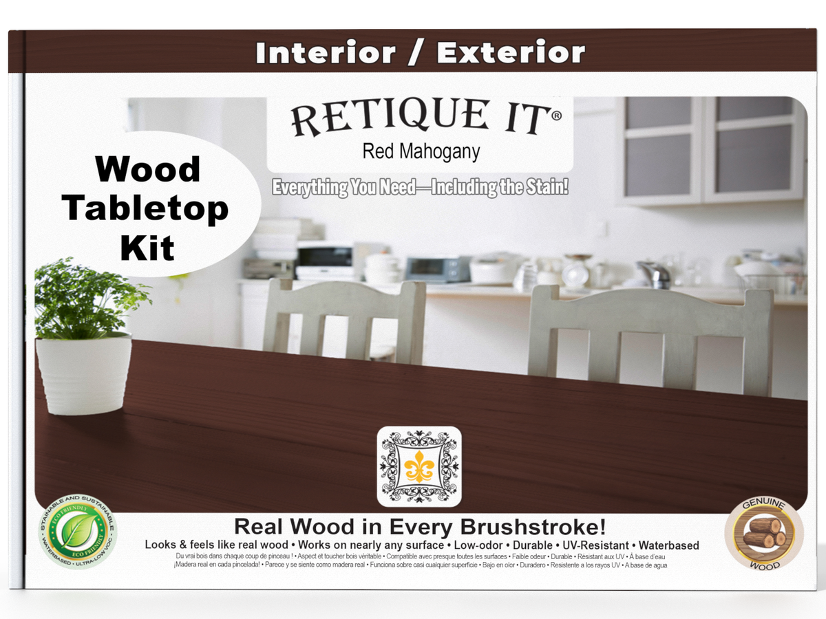 Retique It wood tabletop kit packaging with a dining room scene in the background