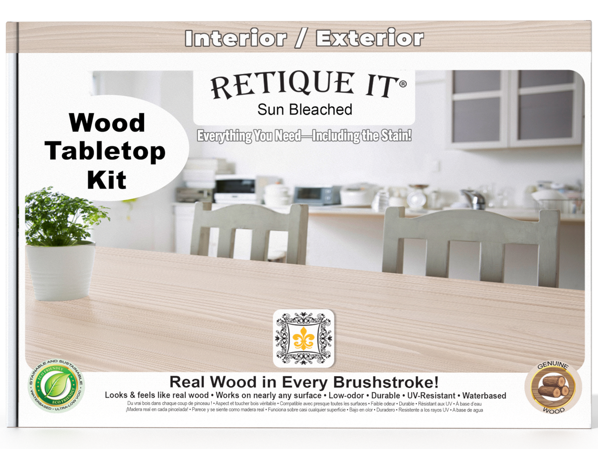 Retique It wood tabletop kit packaging with a kitchen background