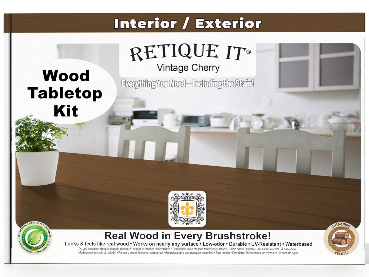Retique It wood tabletop kit packaging with a kitchen background