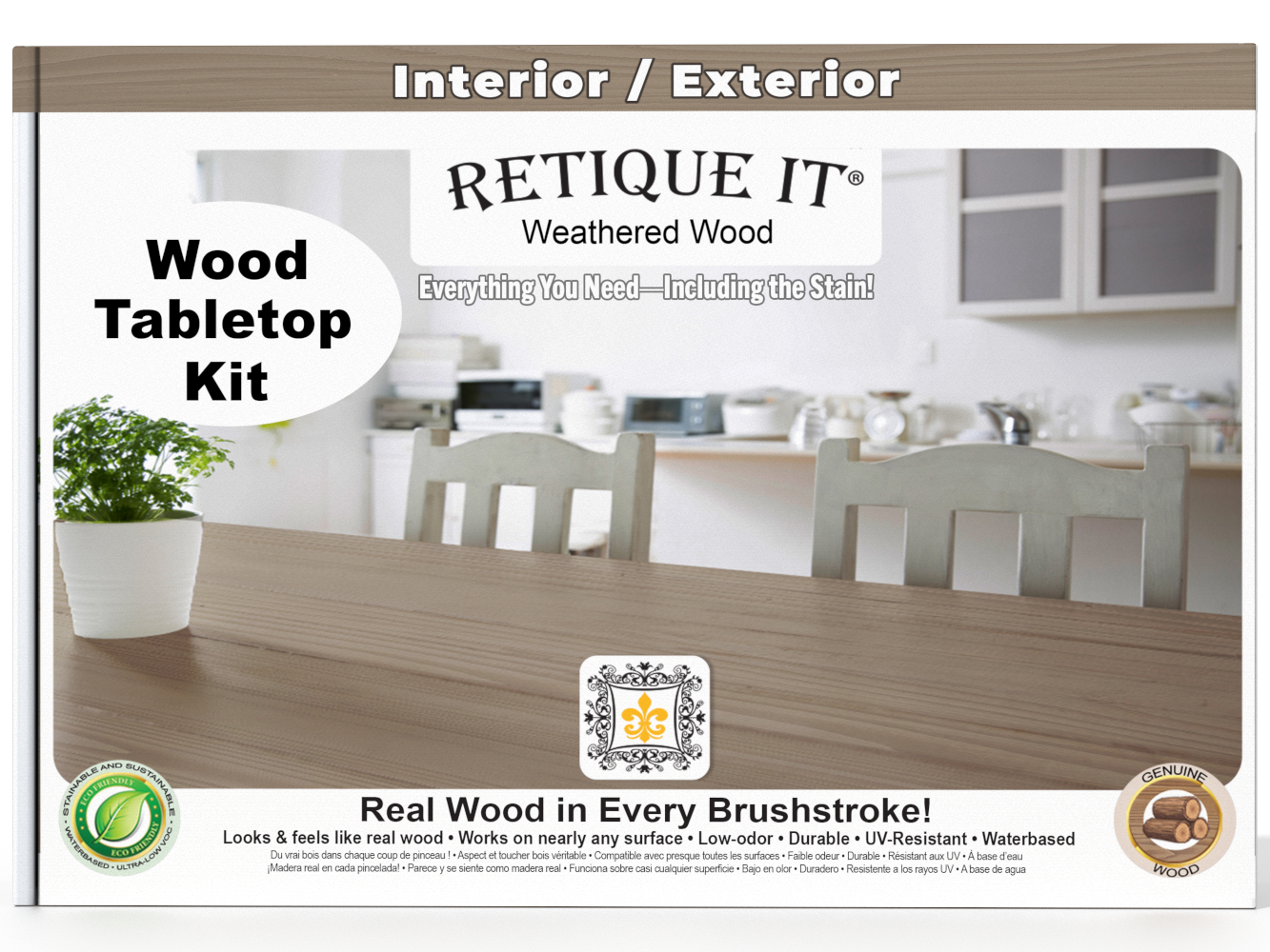 Retique It Wood Tabletop Kit packaging with a kitchen background