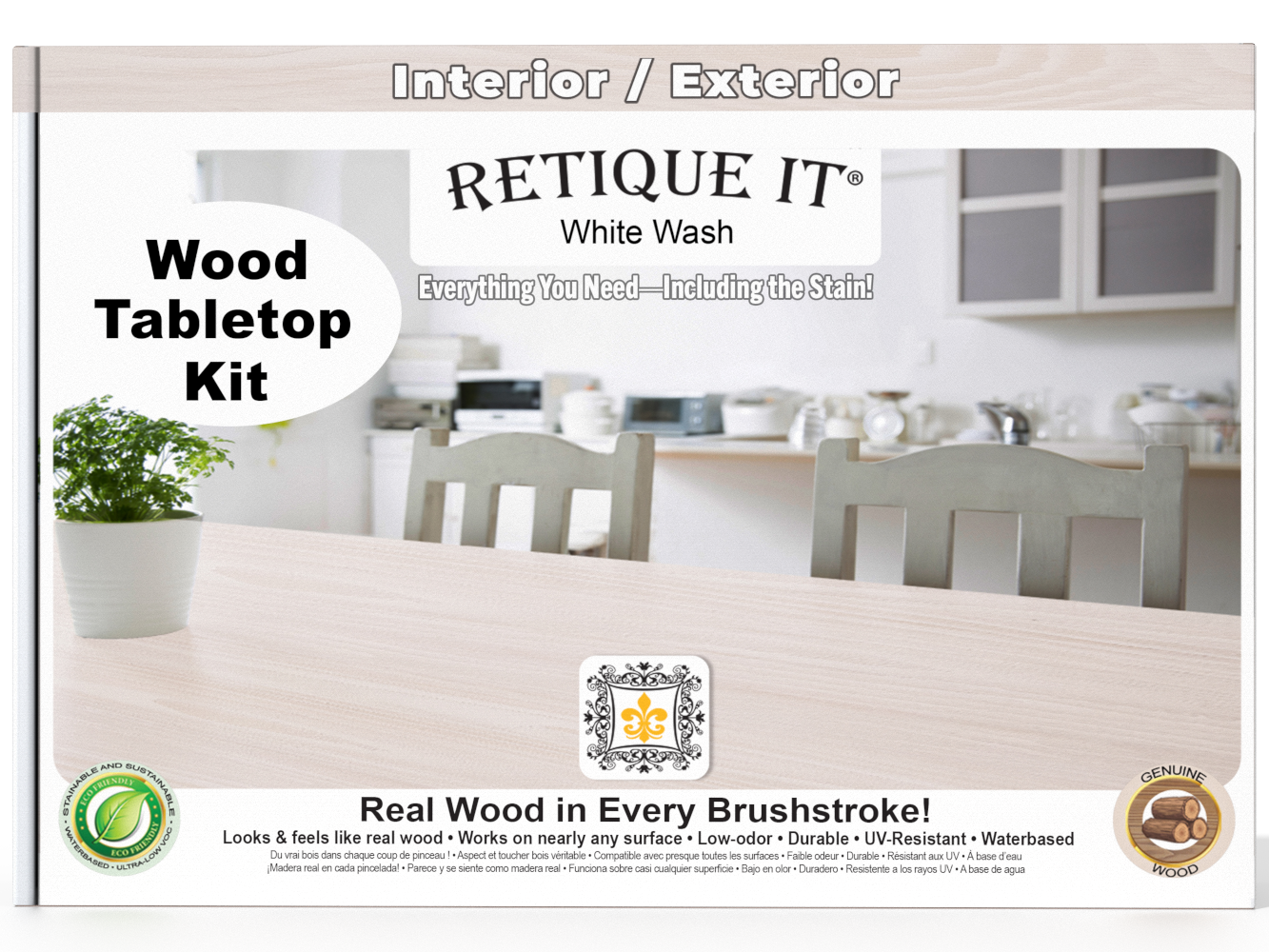 Retique It® Wood'n Finish Kit Double Size in White Wash stain, showing bottles and application tools for wood finishing.