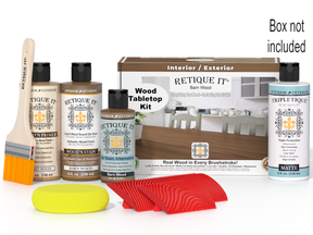 Wood staining kit with bottles, a brush, and a box labeled 'Retique It' on a white background.