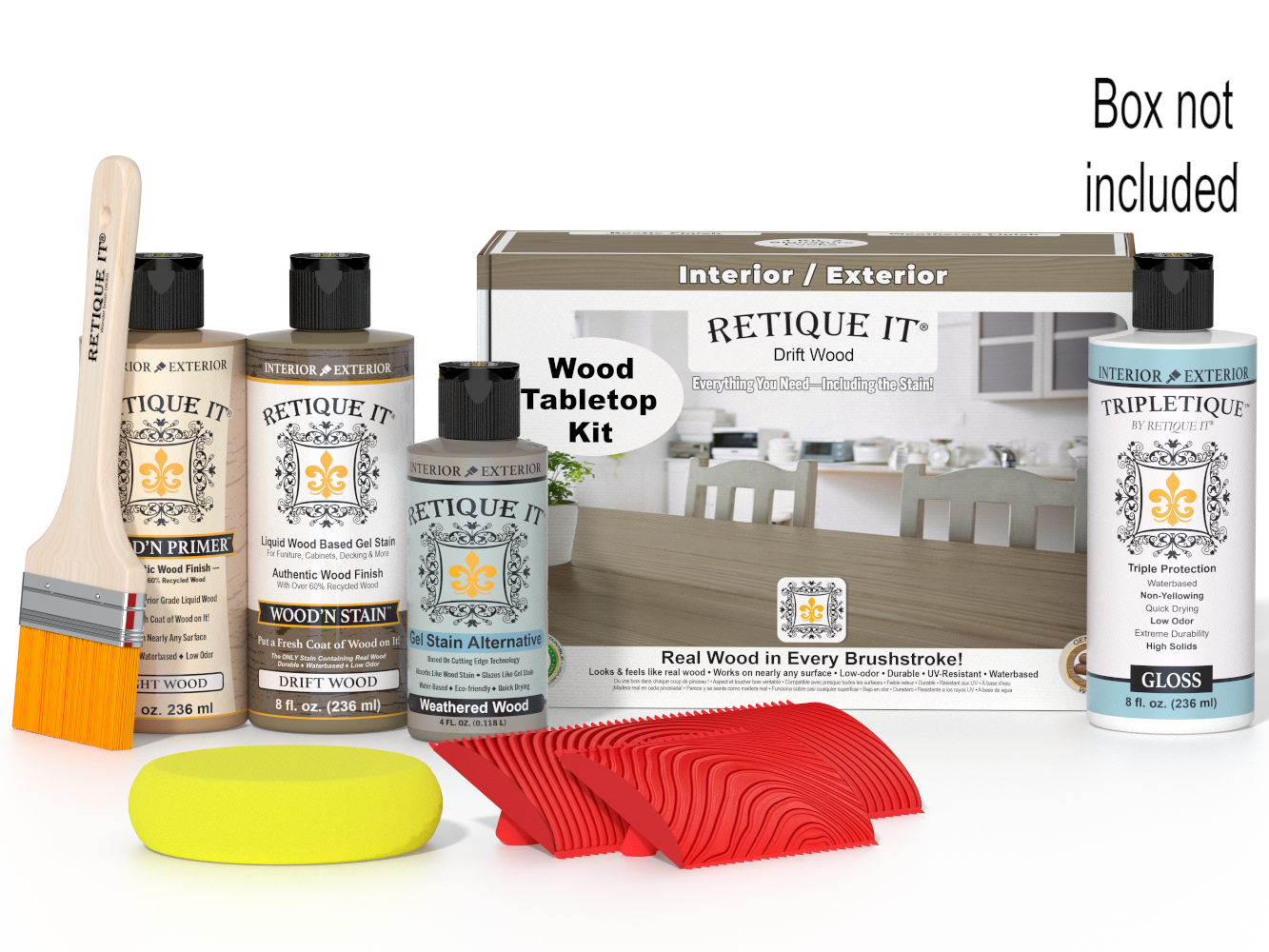 Wood care product set with bottles, a brush, and a box labeled 'Retique It' on a white background.