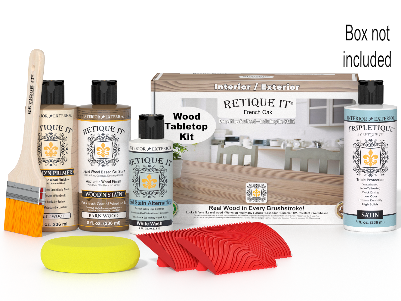 Wood staining kit with bottles, brush, and tools on a white background