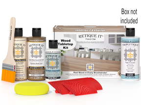 Wood staining kit with bottles, brush, and tools on a white background