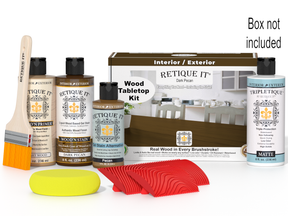 Wood finish product set with bottles, a brush, and packaging on a white background