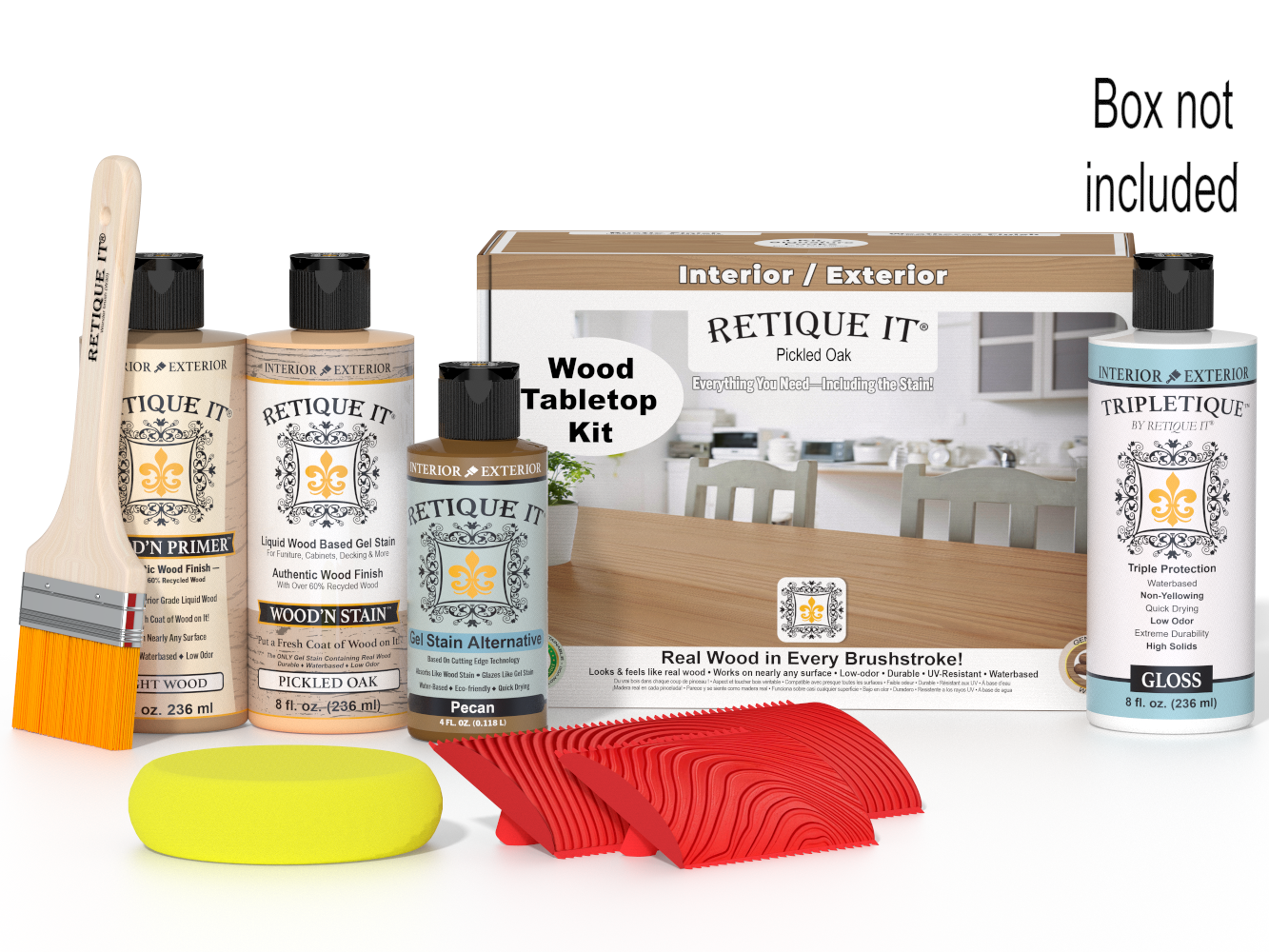 Wood finish product set with bottles, a brush, and a box labeled 'Retique It' on a white background.