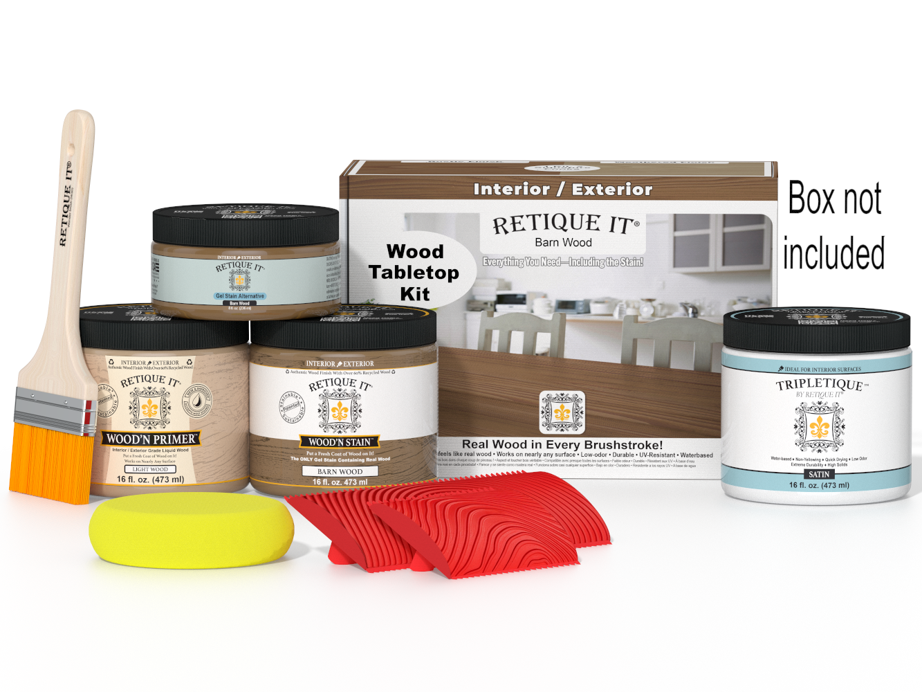 Retique It® Wood'n Finish Kit for tabletops in barn wood stain, double size, with stain bottles and application tools.
