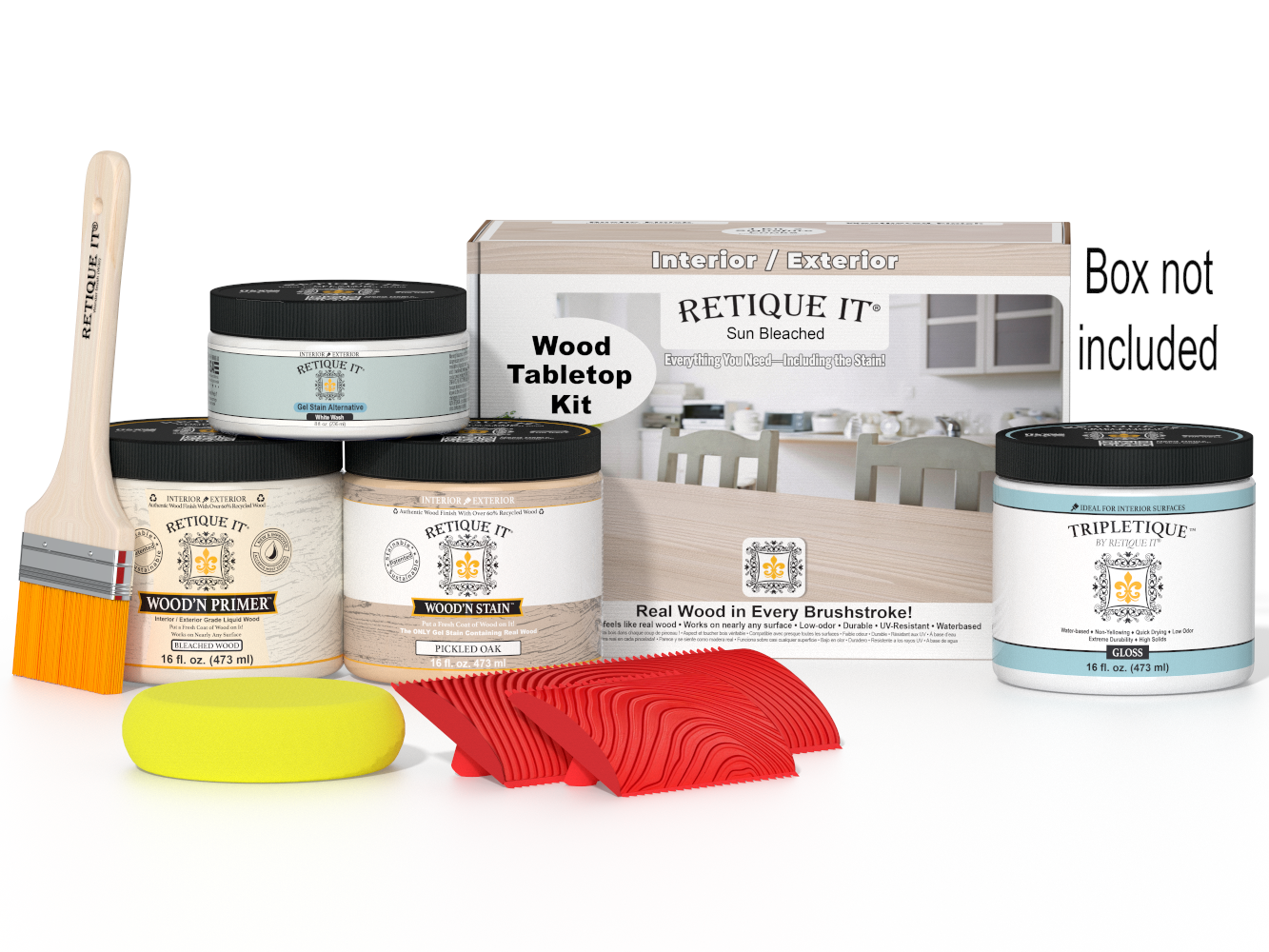 Retique It wood staining kit with paint cans, brush, and tools on a white background