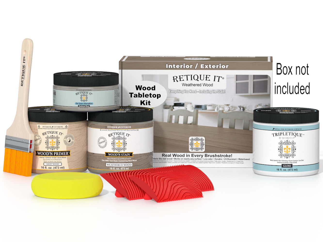 Wooden finish kit with paint cans, a brush, and a box on a white background