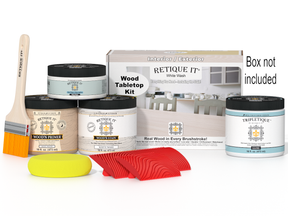 Retique It® Wood'n Finish Kit in white wash stain, double size, for tabletop wood finishing, shown in the open box with stain bottles.