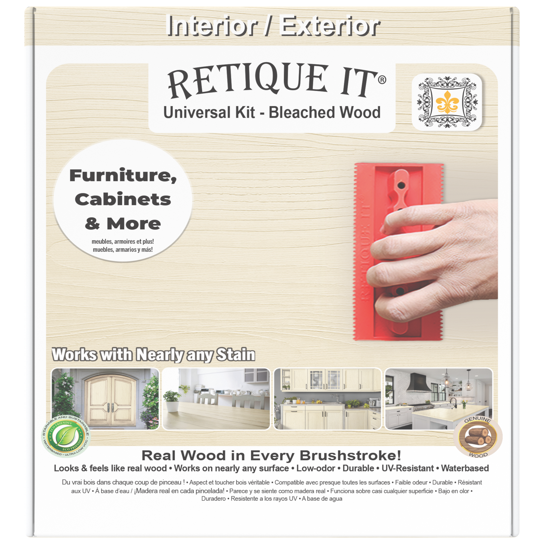 Retique It Universal Liquid Wood Kit in bleached wood finish, showing the front of the box with application tools and product details.