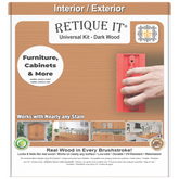 Universal Liquid Wood Kit in dark wood color by Retique It, shown in a box with application tools and sample swatches.