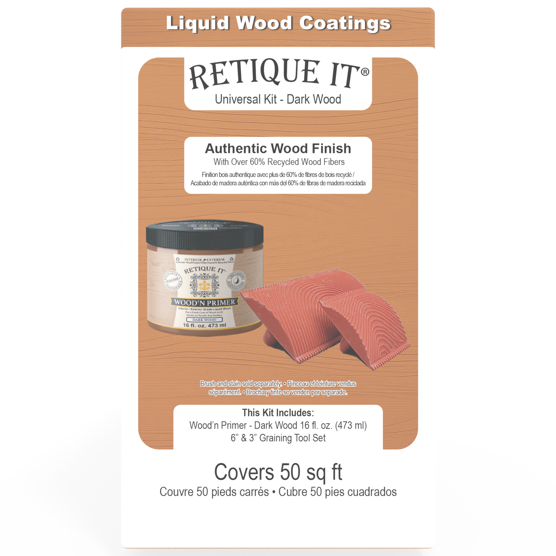 Universal Liquid Wood kit in dark wood finish by Retique It, showing the box and left side of the product.