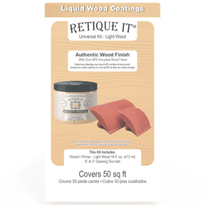 Retique It Universal Liquid Wood Kit in light wood color, showing the box and application tools on the left side.