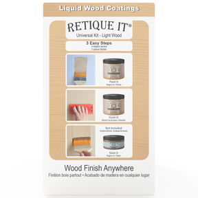 Universal Liquid Wood kit by Retique It in light wood finish, showing the right side of the box with product packaging and sample application