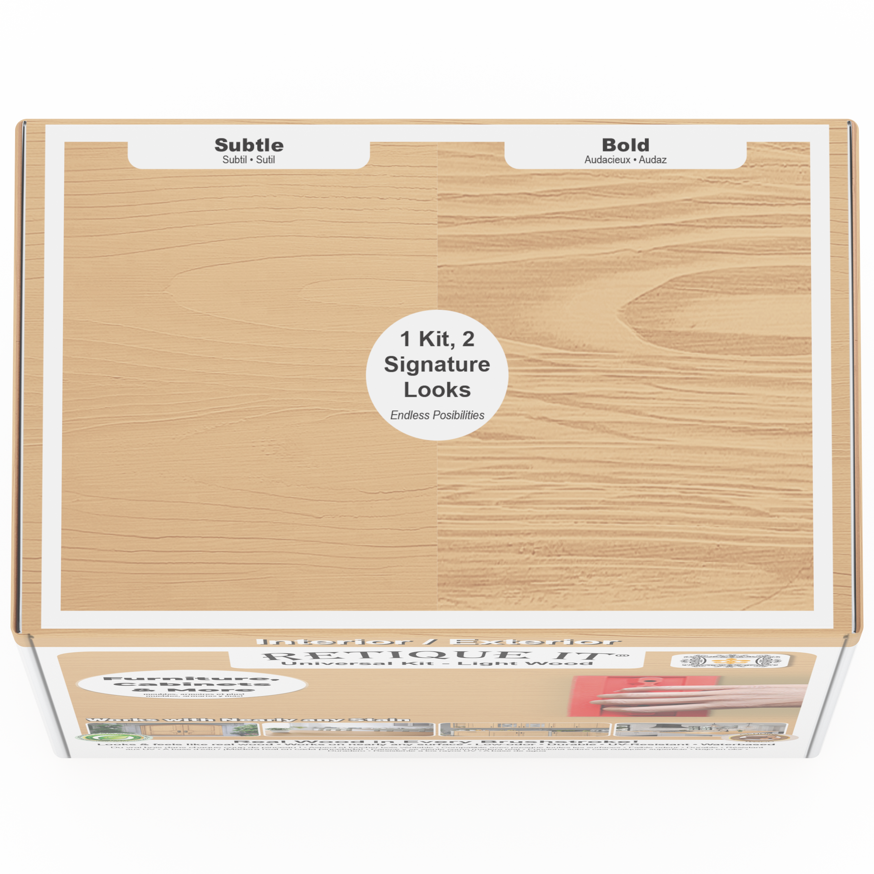 Retique It Universal Liquid Wood Kit in Light Wood, showing the box top with product packaging and branding.