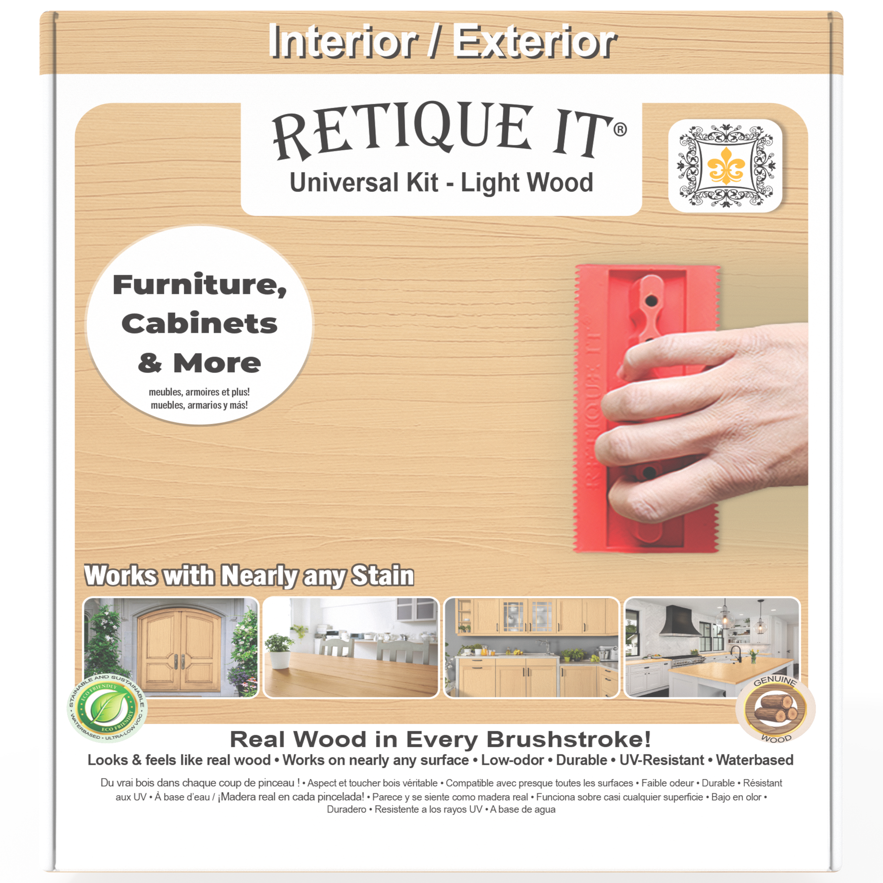Universal Liquid Wood Kit in light wood finish by Retique It showing the box and product packaging.