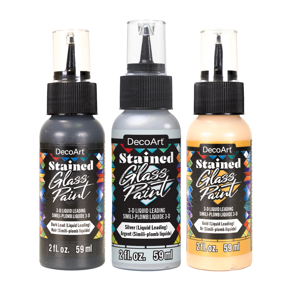 DecoArt stained glass paint 3-D liquid leadings in a tube, ready for creating colorful, raised glass window designs.
