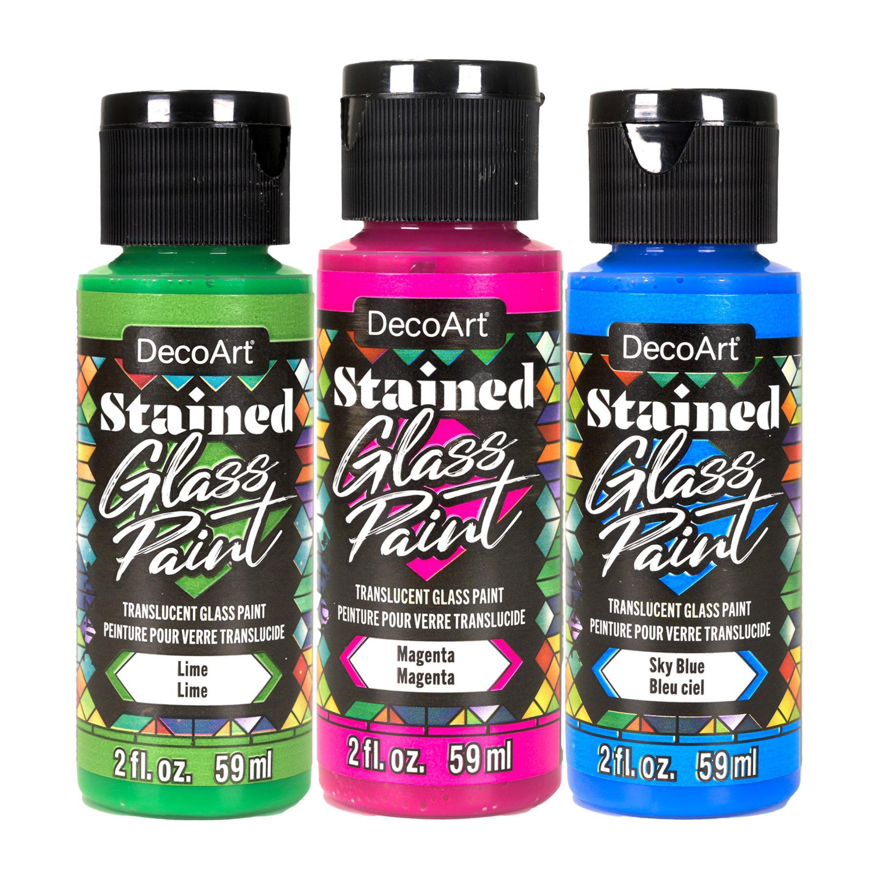 DecoArt stained glass paints in bottles, showcasing vibrant colors and fluid consistency suitable for glass art projects.