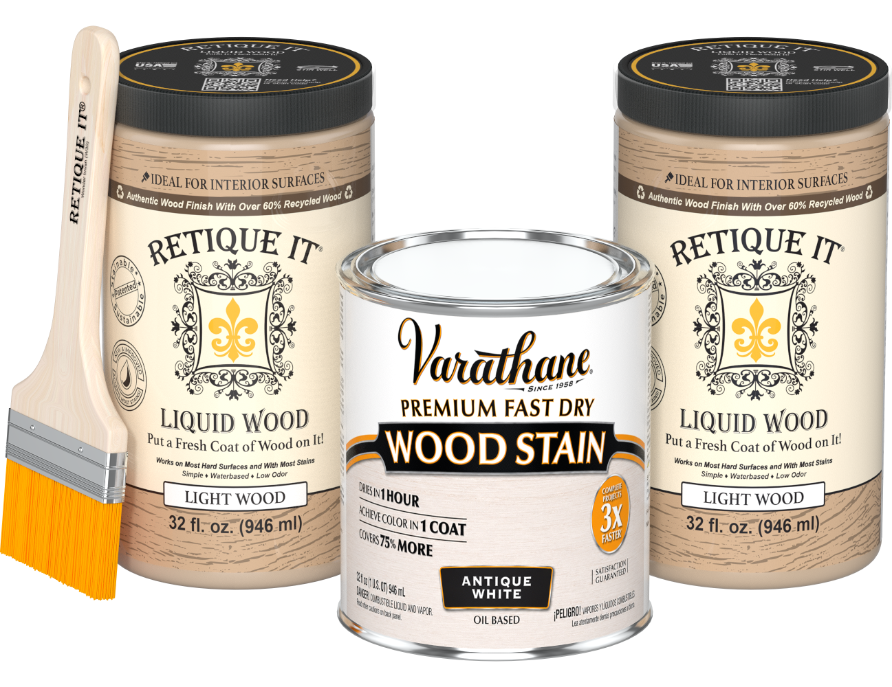 Angled product view of the 64 oz Retique It Liquid Wood kit with Varathane Antique White stain and a paintbrush.