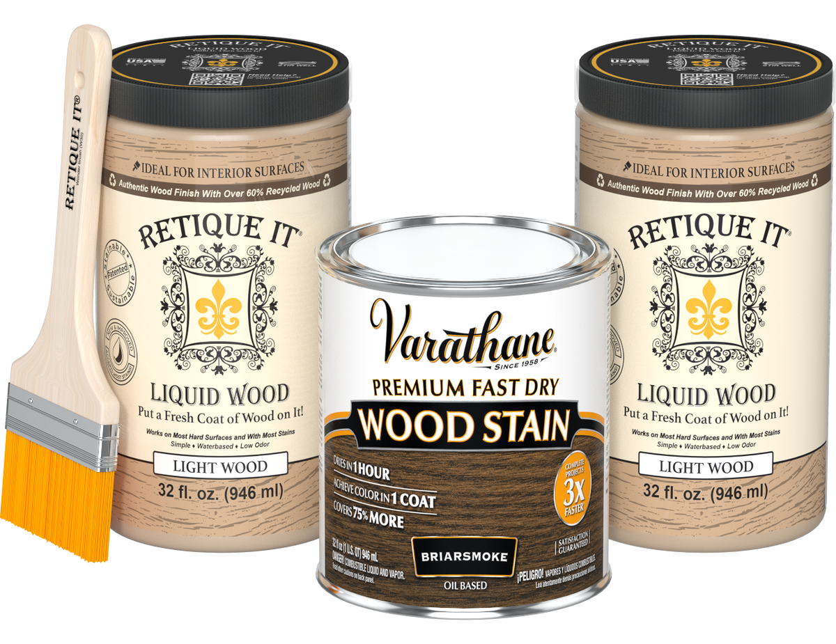 Angled product view of the 64 oz Retique It Liquid Wood kit with Varathane Briarsmoke stain and a paintbrush.
