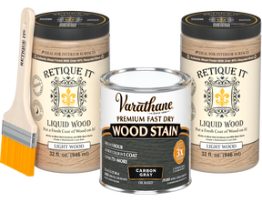 Angled product view of the 64 oz Retique It Liquid Wood kit with Varathane Carbon Gray stain and a paintbrush.