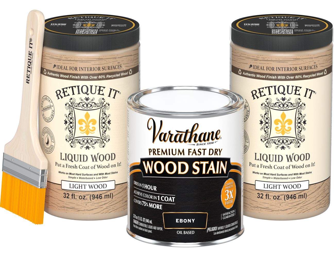 Angled product view of the 64 oz Retique It Liquid Wood kit with Varathane Ebony stain and a paintbrush.