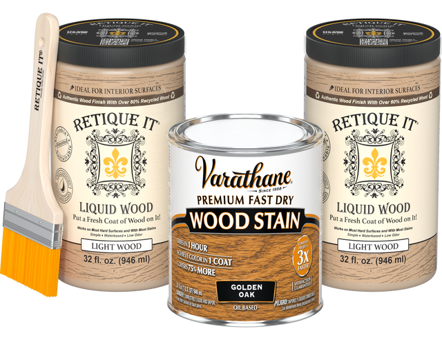 Retique It multi-purpose stain kit with two large golden oak oil-based fast-dry stains, shown in a natural wood finish.