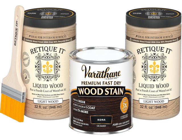 Retique It multi-purpose stain kit with two large oil-based fast-dry Kona stains, displayed in bottles on a wooden surface.