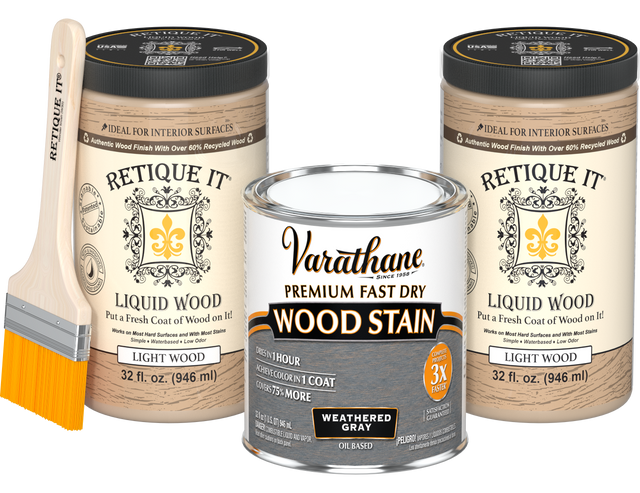 Retique It weathered gray oil-based fast dry stain multipurpose kit with two large containers for wood finishing projects.