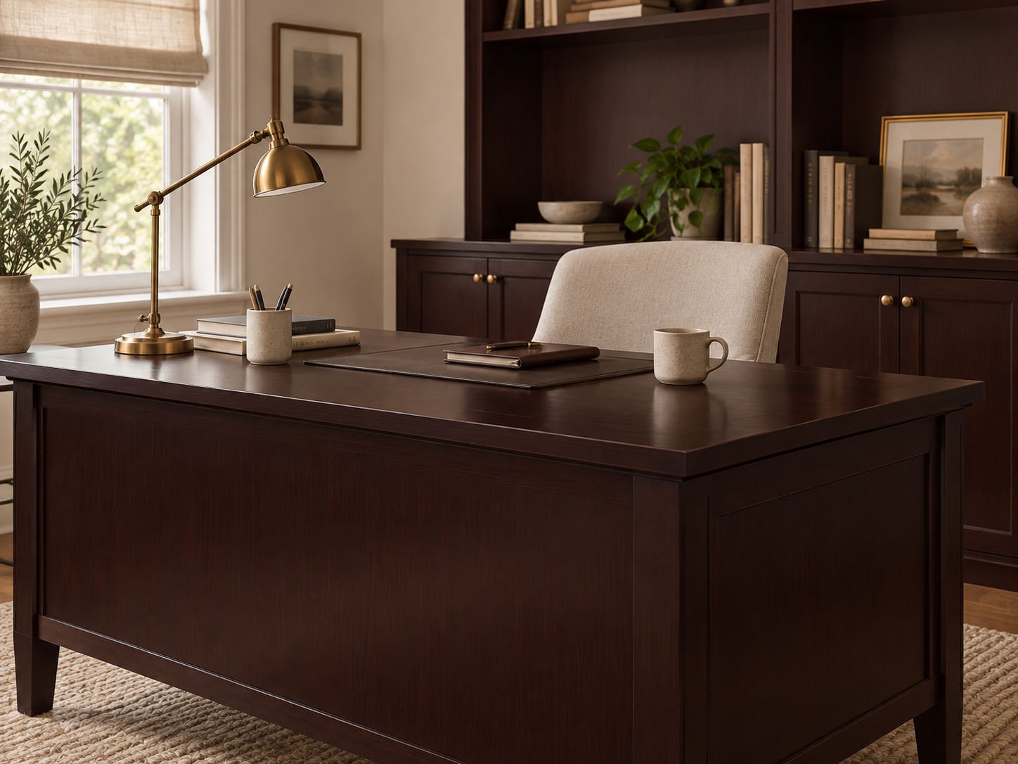 Black Cherry desk and matching built-in bookcases in a home office with a cream chair and brass desk lamp.