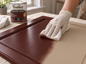 Gloved hand wiping Black Cherry fast-drying wood stain onto a cabinet door with a cloth.