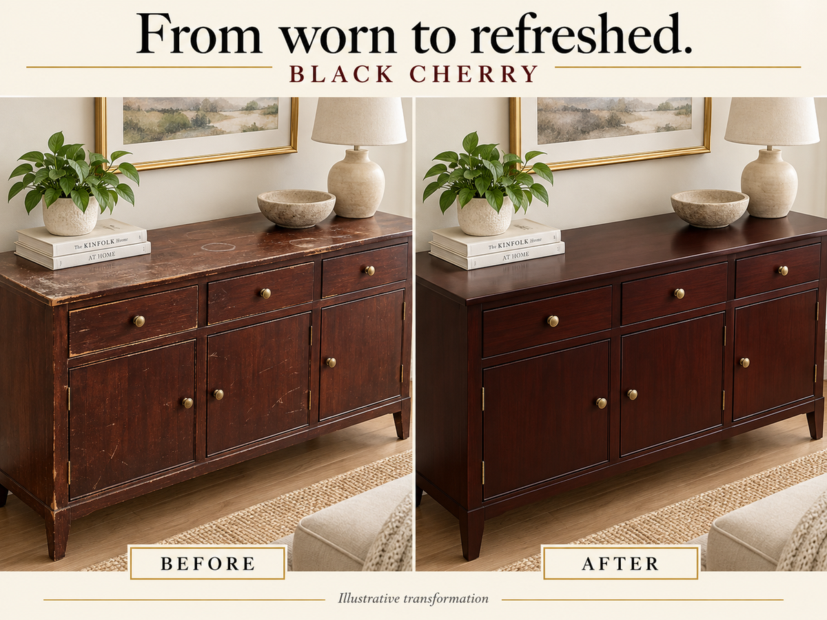 Illustrative before-and-after comparison of a scratched wooden sideboard refinished in Black Cherry.