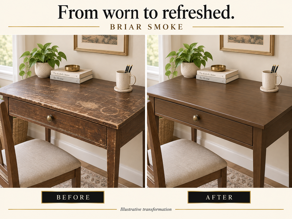 Illustrative before-and-after comparison of a scratched wooden writing desk refinished in Briarsmoke.