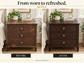 Illustrative before-and-after comparison of a worn three-drawer bedside table refinished in dark Kona.