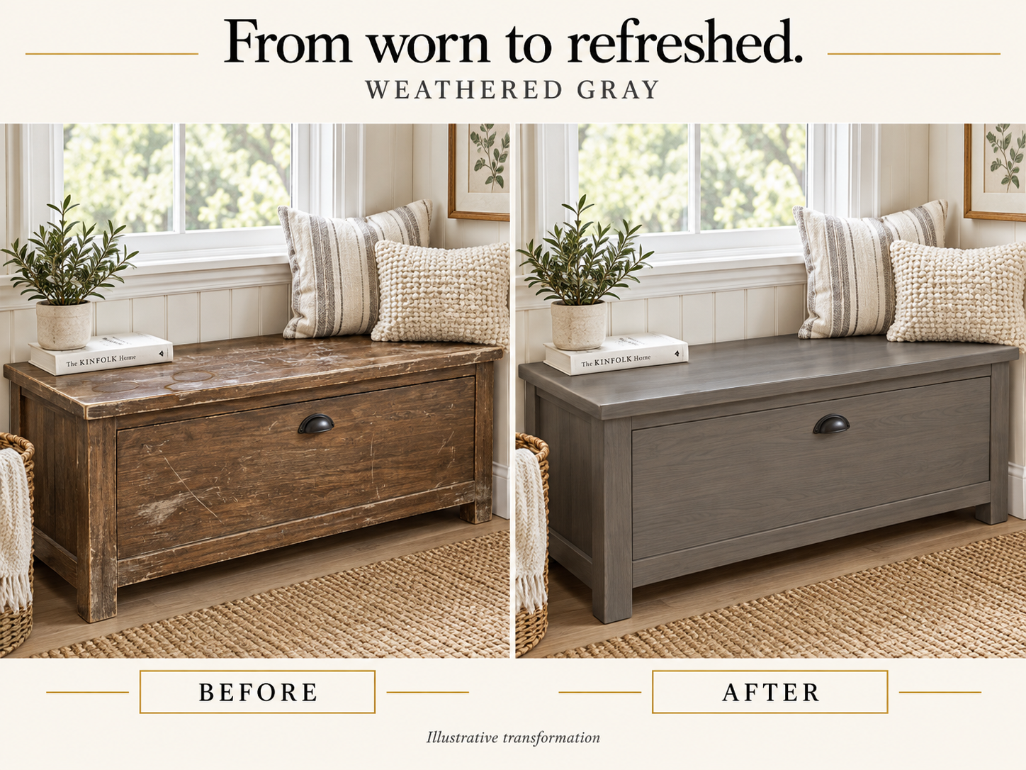 Illustrative before-and-after comparison of a worn wooden storage bench refinished in Weathered Gray.