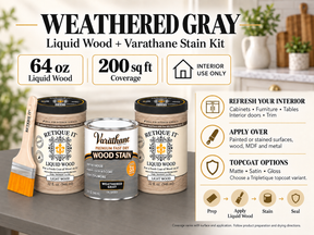 Weathered Gray Liquid Wood and Varathane stain kit guide showing 64 oz of Liquid Wood, interior applications, preparation steps, and matte, satin, and gloss topcoat options.