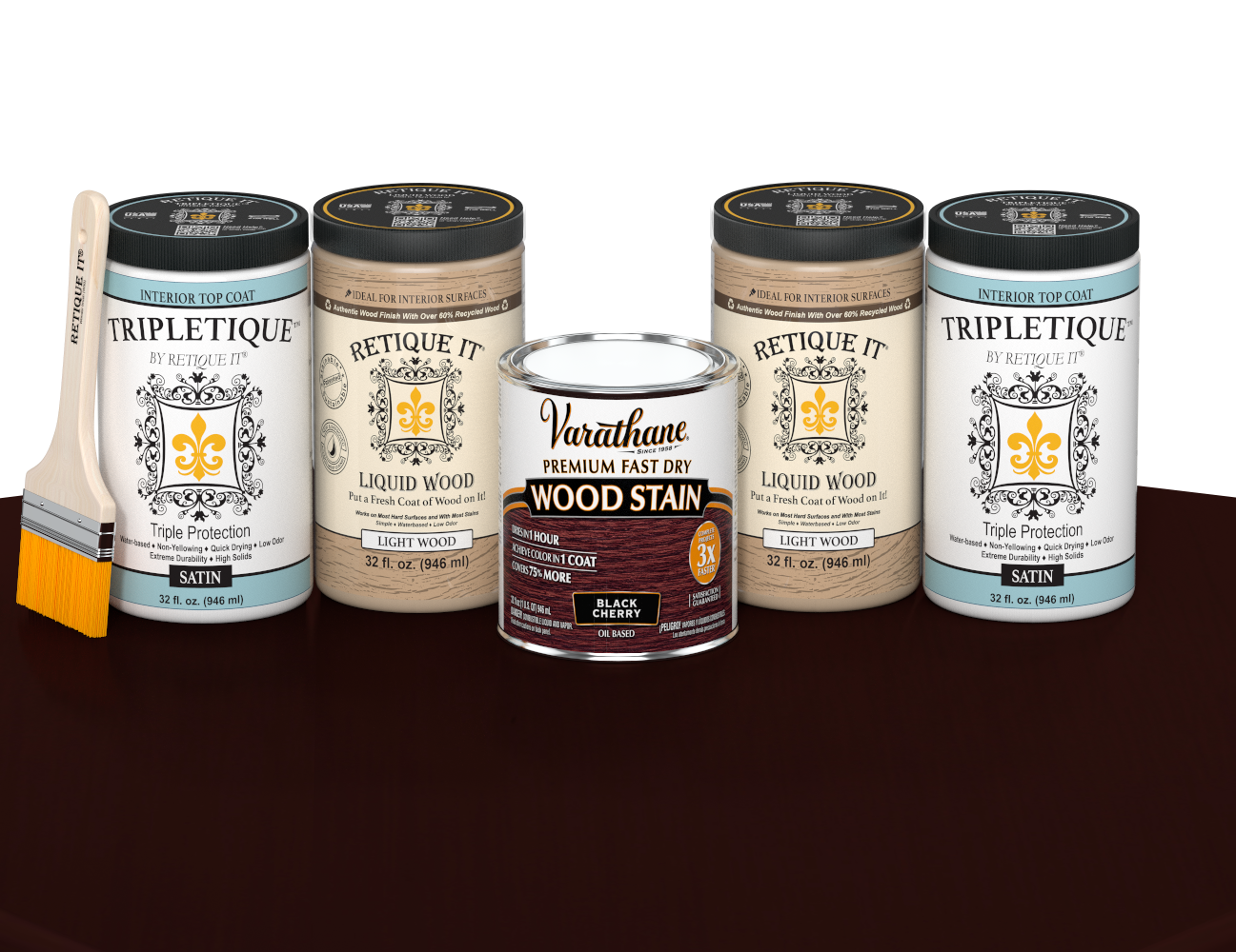 64 oz Retique It Liquid Wood kit with Black Cherry stain, satin Tripletique topcoat, and a paintbrush on a matching finished tabletop.