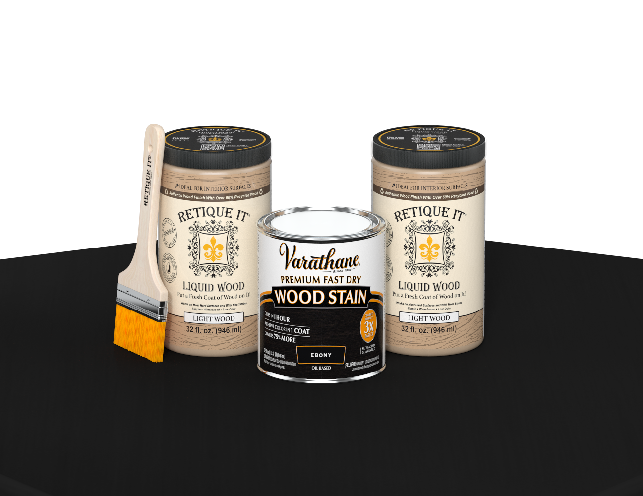 64 oz Retique It Liquid Wood kit with Varathane Ebony stain and a paintbrush on a matching finished tabletop.