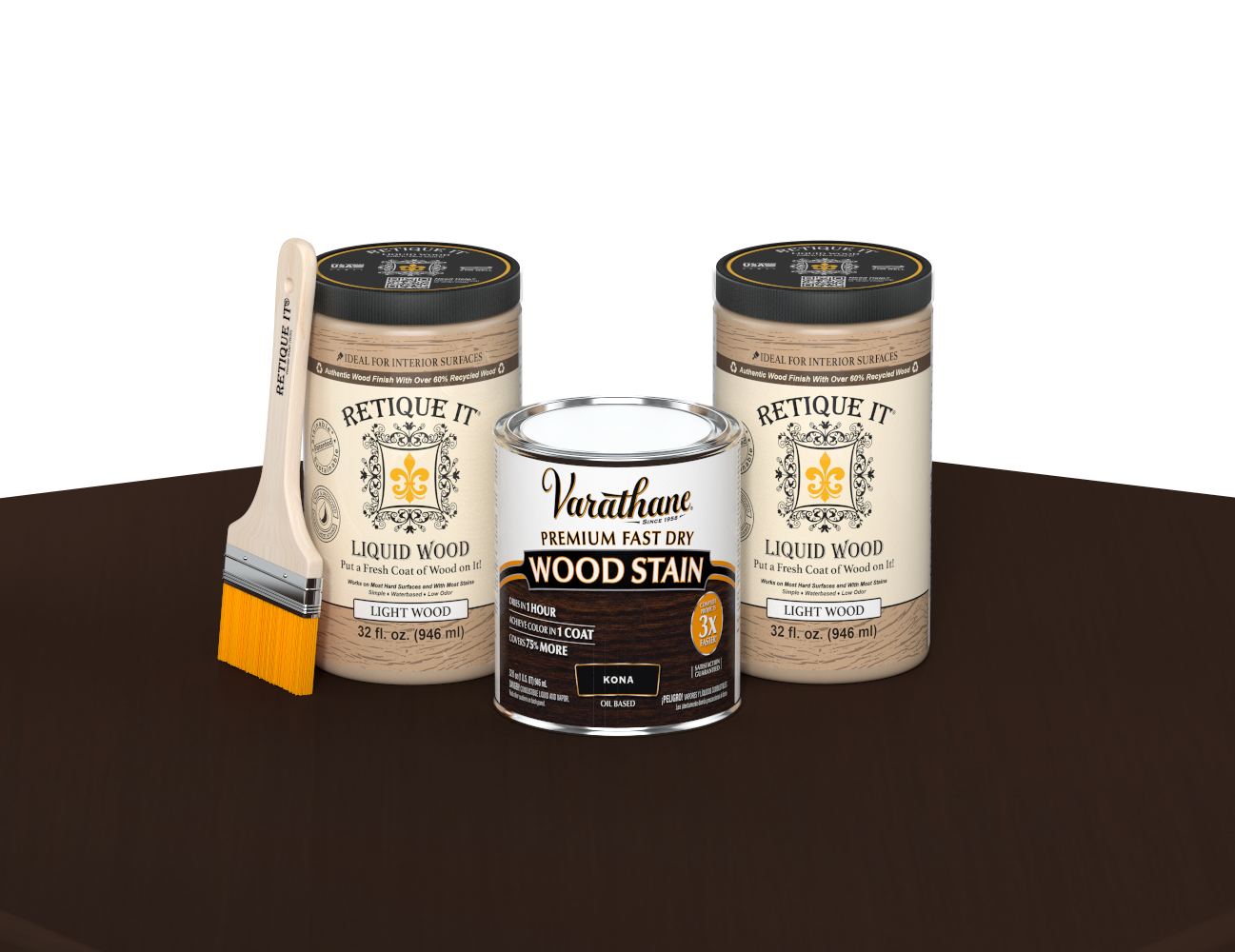 64 oz Retique It Liquid Wood kit with Varathane Kona stain and a paintbrush on a matching finished tabletop.