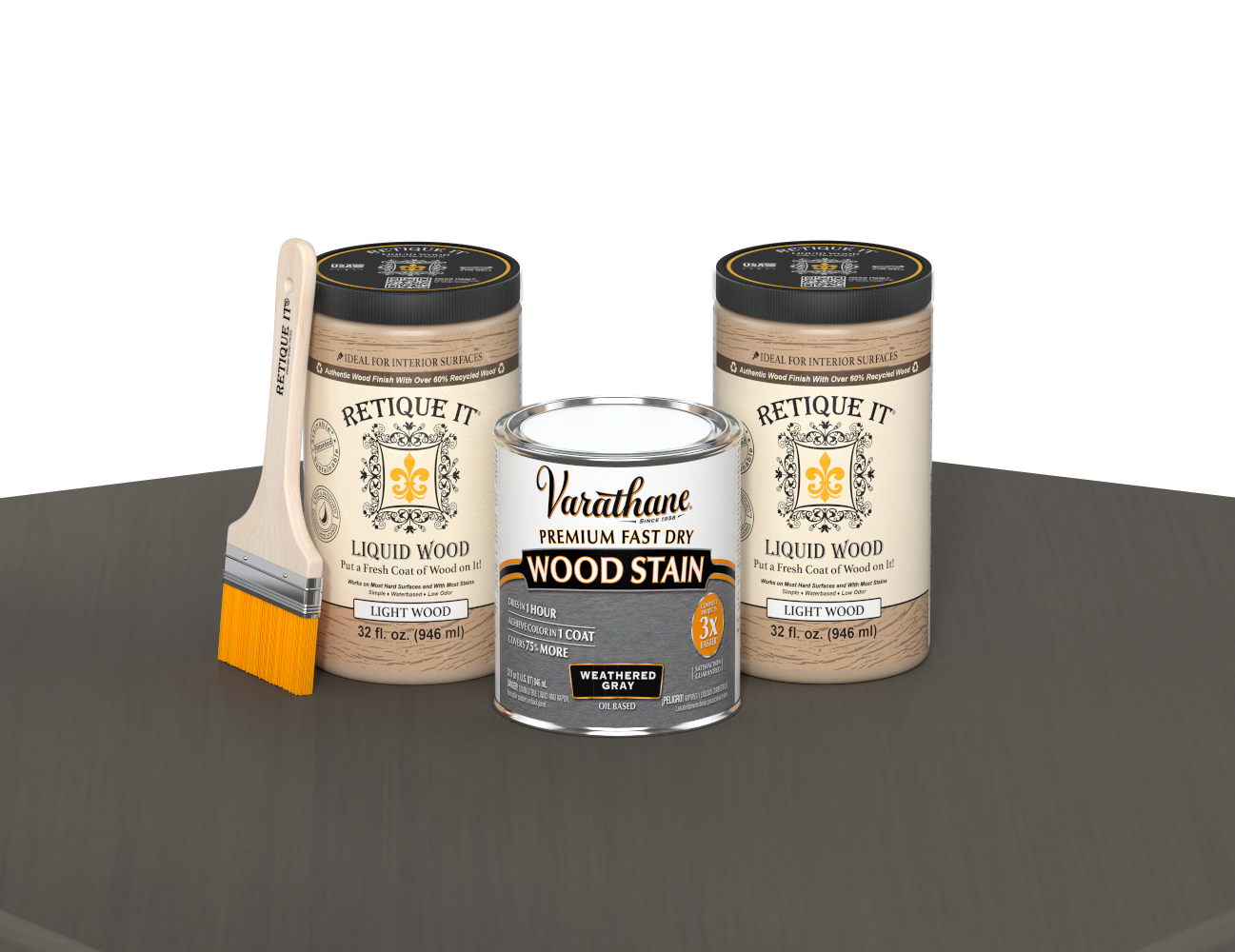 64 oz Retique It Liquid Wood kit with Varathane Weathered Gray stain and a paintbrush on a matching finished tabletop.