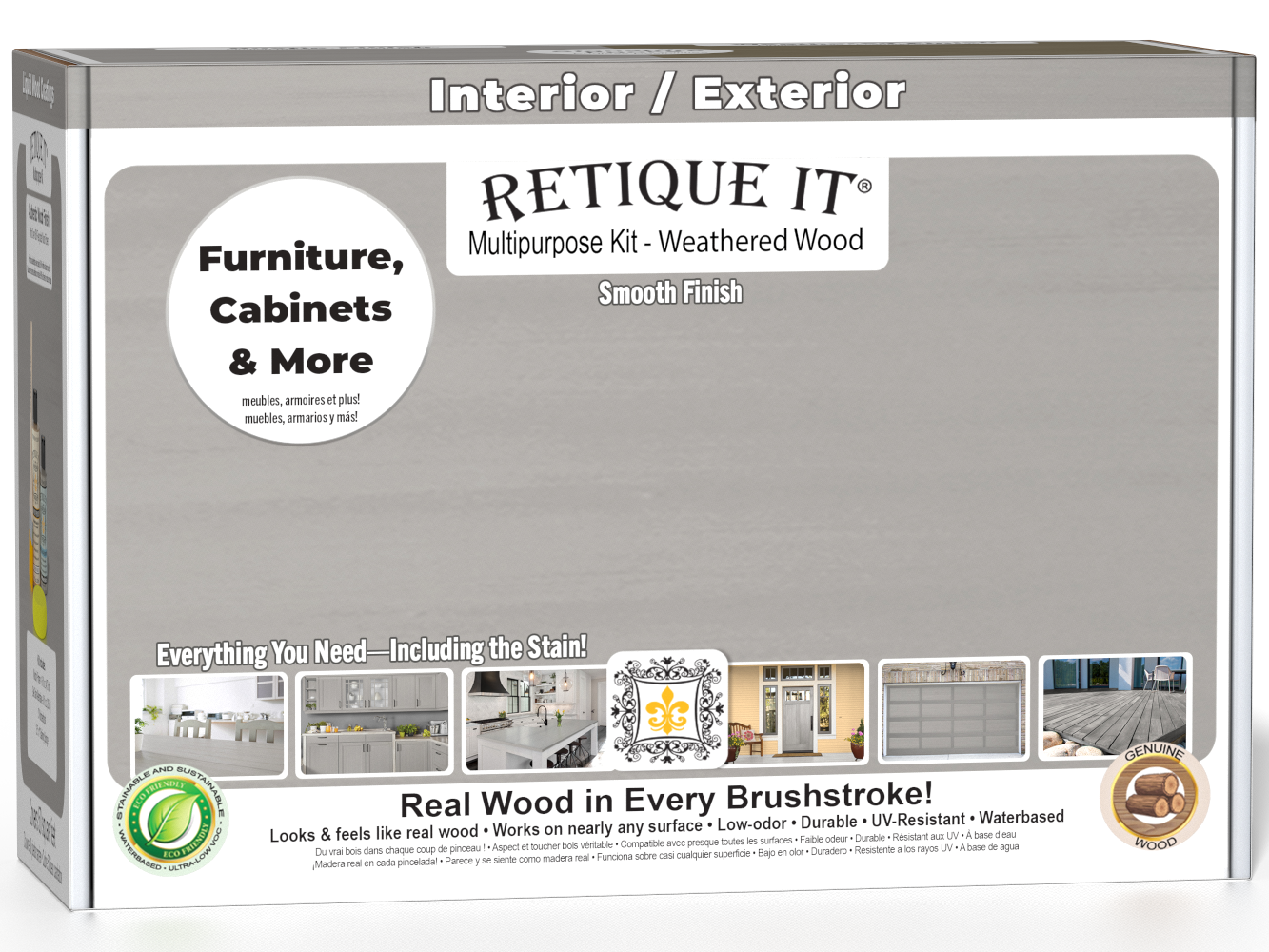 Retique It® Wood'n Finish Kit in Weathered Wood with smooth finish, containing tools and materials for wood surface refinishing.