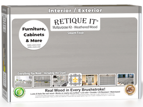 Retique It® Wood'n Finish Kit in Weathered Wood with smooth finish, containing tools and materials for wood surface refinishing.